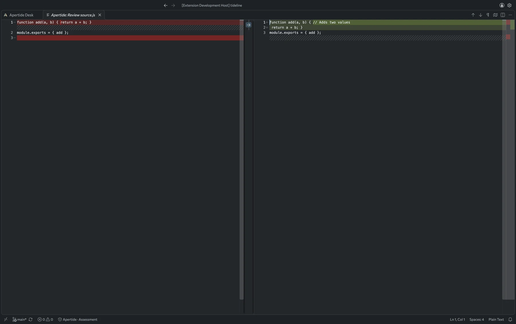 Apertide native diff showing a model-proposed comment addition to a synthetic JavaScript function