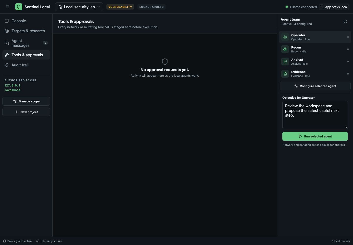 Sentinel Local Tools and approvals page in a clean demonstration project